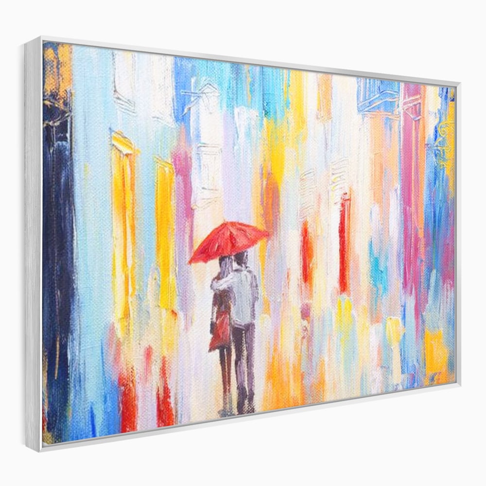 Tablou canvas cu pictura cu un cuplu sub umbrela, in rama de aluminiu argintiu